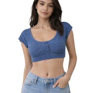 Vintage LA SPORT 90s Blue Ribbed Cap Sleeve Crop Top Size Small Hip Hop Sporty